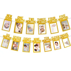 Baby 1st birthday photo banner glitter paper 12 months milestone picture garland party decor