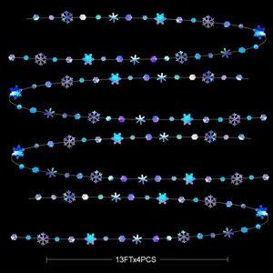Detail view of iridescent paper snowflake garland for party decorations, shimmering hanging decor.
