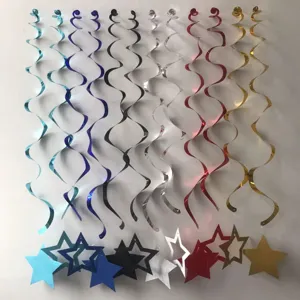 Colorful foil swirl hanging decorations with star cutouts for party decor and celebrations.