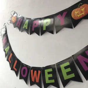Halloween party decoration banner, scary pumpkin ghost hanging bunting flag for holiday.