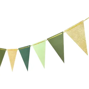 Gold glitter paper triangular bunting banner detail, perfect for party and holiday decor.