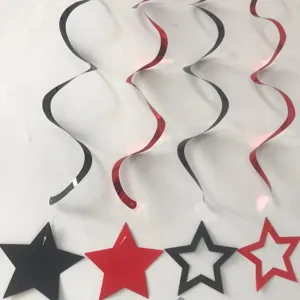 Red and black spiral swirls and star pendants detail, perfect for party decoration.