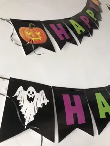Halloween party decoration banner featuring ghost and pumpkin designs with colorful pennants.