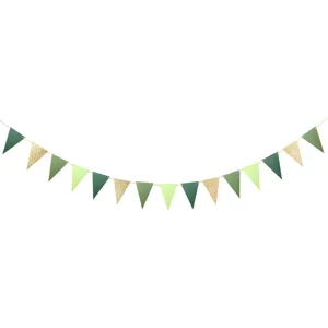 Green glitter triangle banner bunting for party decoration, festive hanging garland detail view.