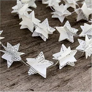 Vintage newspaper star garland, 3D paper pentagram hanging banner for birthday party decor.