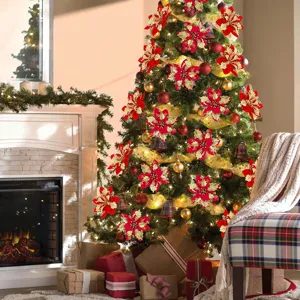 14cm Red Gold Glitter Artificial Poinsettia Flowers for Christmas Tree Wreath Holiday Party Decor