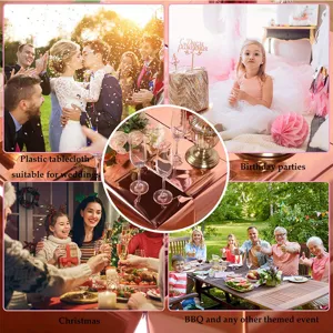 Multiszenen Detailansicht zeigt roségoldene Folientischdecke für Partys und Hochzeiten.