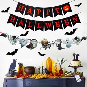 Halloween party decoration banner spooky ghost pumpkin hanging flags holiday detail view
