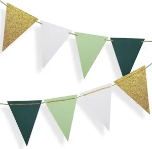 Gold glitter triangle bunting banner for birthday party decoration sage green festive party flags
