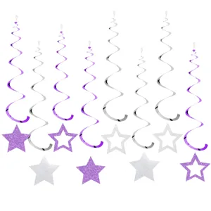 Glitter star hanging spiral decorations party ceiling swirl ornaments purple silver set.