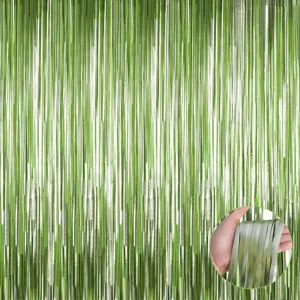 Close-up detail of green matte tinsel fringe curtain, ideal for party photo backdrop decor.