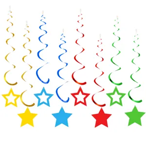 Colorful hanging star spiral decorations for birthday party and holiday ceiling decor.