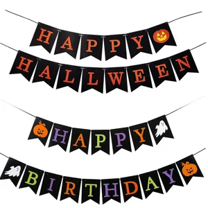 Halloween birthday party banner set, colorful hanging pull flags with cute pumpkin.