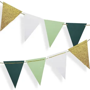 Gold glitter triangle bunting banner for birthday party, festival decor, green pennants.
