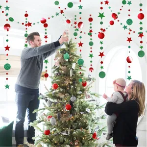 Christmas red green glitter dot star garland hanging decorations for holiday party layout