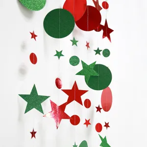 Christmas red green star circle garland hanging decoration detail close up view festive party