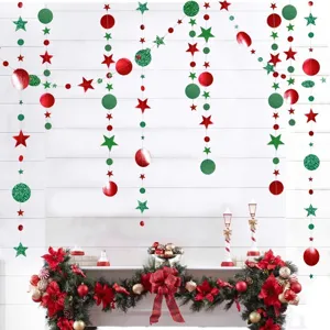 Christmas hanging decoration red green circle star garland shiny party backdrop supply