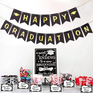 Bannière de fête de remise de diplôme noir or joyeuse remise de diplôme décoration de fête