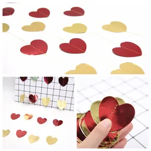 2M Red Gold Heart Paper Garland Hanging Decorations for Valentine Birthday Party