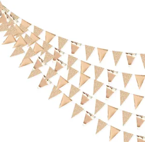 Rose gold glitter triangle bunting garland detail view, 3m hanging party banner decoration.