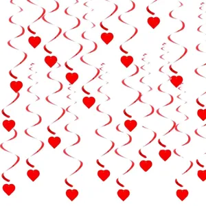Red heart hanging swirls decorations for Valentine's Day party ceiling decor, 6 pieces set.