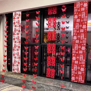 Red Chinese wedding hanging banner decorations set for room living room interior setup