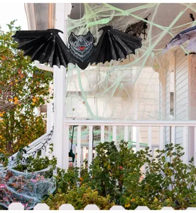 Halloween black honeycomb paper bat hanging decoration for spooky party porch backdrop prop.