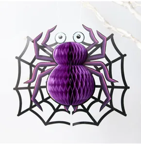 Halloween hanging honeycomb spider paper decoration for holiday party and interior decor.