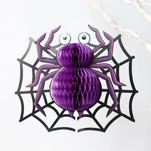 Halloween purple honeycomb spider paper hanging decoration for spooky indoor party decor