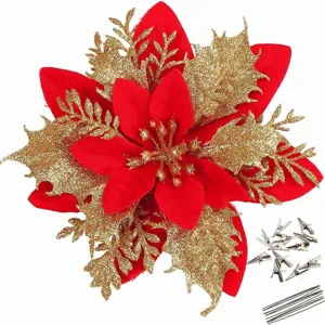 Christmas glitter poinsettia artificial flower decoration wreath tree accessories set.