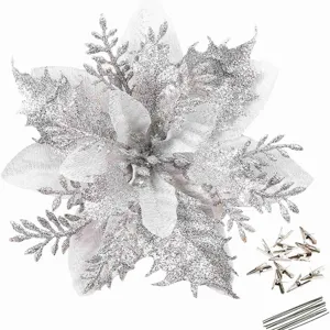 Silver glitter Christmas flower decoration with clips for tree wreath DIY holiday decor.