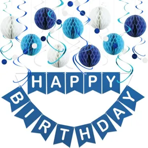 17-teiliges blaues Geburtstag Party Deko Set mit Wabenbällen Hängenden Spiralen und Banner.