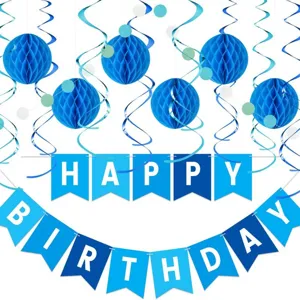 Blaues Geburtstag Party Dekoration Set mit blauen Wabenbällen und Wimpelketten Girlande.