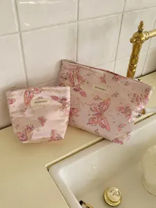 Pink butterfly print cosmetic bag portable travel makeup pouch cute canvas storage organizer