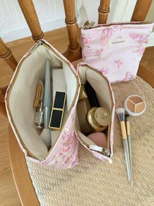 Pink butterfly canvas cosmetic bag set, portable travel makeup pouch and toiletry storage.