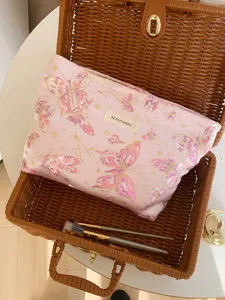Pink butterfly cosmetic bag portable makeup pouch travel toiletry storage organizer