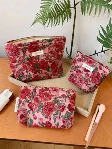 Vintage Red Rose Floral Jacquard Cosmetic Bag Women Handheld Zipper Storage Pouch Portable Makeup Organizer