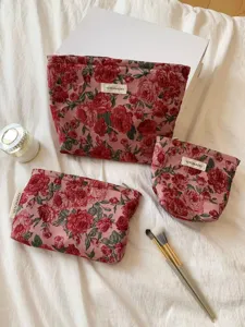 Vintage red floral jacquard cosmetic bags set, elegant makeup storage pouches with zip.