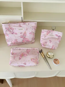 Pink butterfly cosmetic bag set canvas travel toiletry pouch cute makeup storage organizer bag