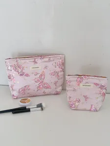 Pink butterfly canvas makeup bag portable travel cosmetic pouch cute toiletry organizer