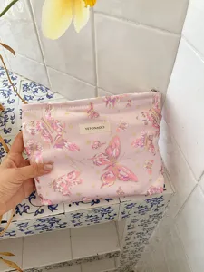 Pink butterfly cosmetic bag canvas travel pouch zipper makeup organizer cute toiletry bag