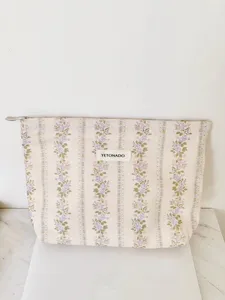 Floral cosmetic bag detail shot, vintage jacquard fabric, elegant portable storage pouch for women.