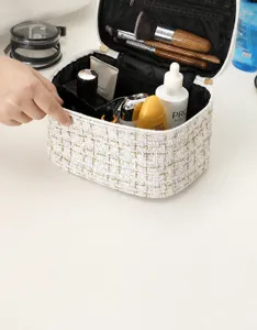 Tragbare Kosmetiktasche mit grossem Kapazitat und stilvollem Tweed Design fur Reise Damen