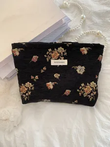 Black vintage floral tapestry cosmetic bag large capacity makeup storage pouch style.