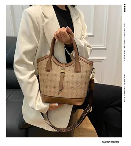 Retro fashion women bucket bag large capacity shoulder crossbody bag chic design stylish handbag.