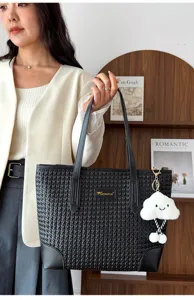 Μαύρη γυναικεία υφαντή τσάντα shopper μεγάλου μεγέθους, κομψή τσάντα ώμου με χαριτωμένο σύννεφο.