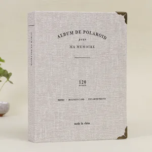Linen 3-inch Polaroid photo album with 120 pockets, vintage metal corner protectors for memories