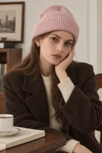 Detailed view of cozy pink wool blend beanie, warm ribbed knit winter hat for daily wear.