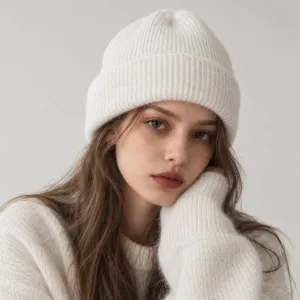 Cozy wool blend knit beanie for women and men, solid color warm winter knitted cap.