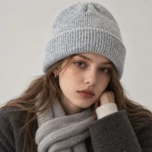 Close-up detail of the grey wool blend knit beanie, showing soft ribbed texture and cozy fit.